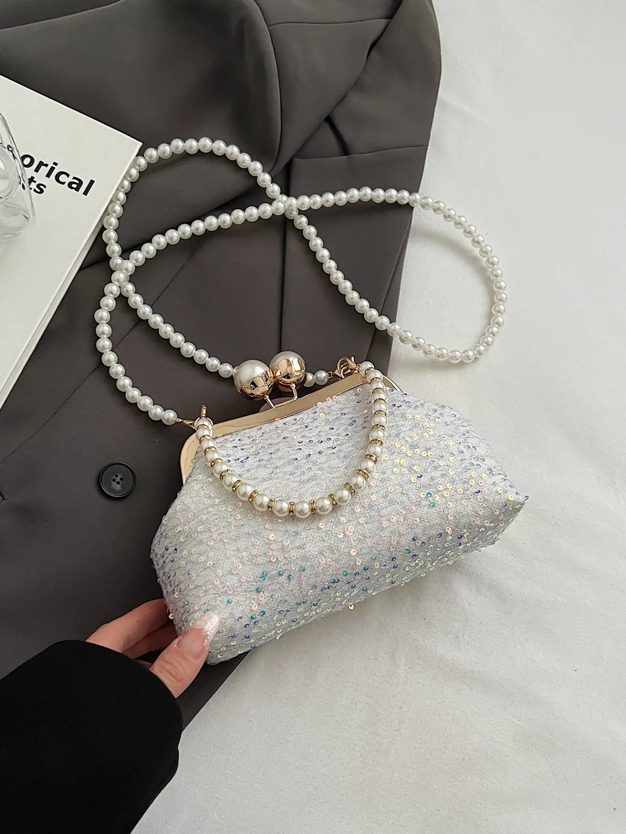 Off-White Sequin Pearl Crossbody Clutch Bag