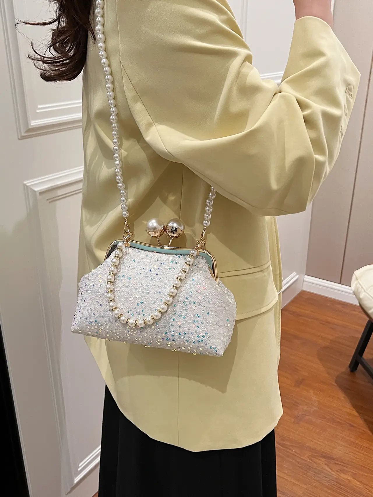 Off-White Sequin Pearl Crossbody Clutch Bag