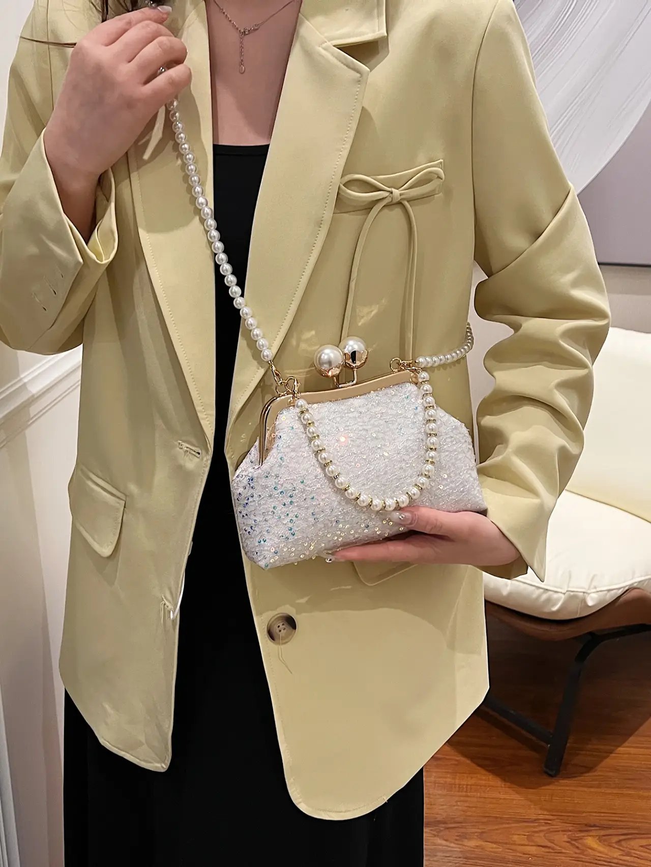 Off-White Sequin Pearl Crossbody Clutch Bag