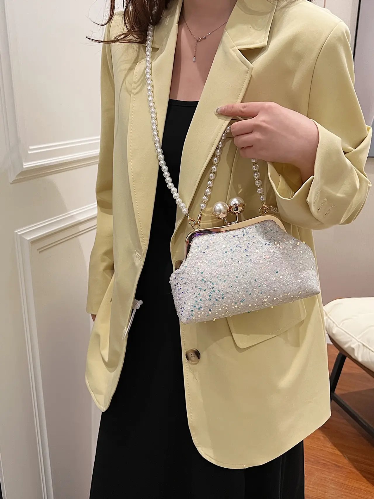 Off-White Sequin Pearl Crossbody Clutch Bag