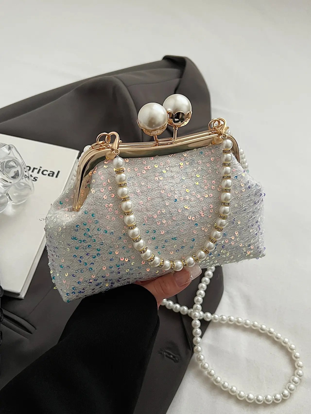 Off-White Sequin Pearl Crossbody Clutch Bag