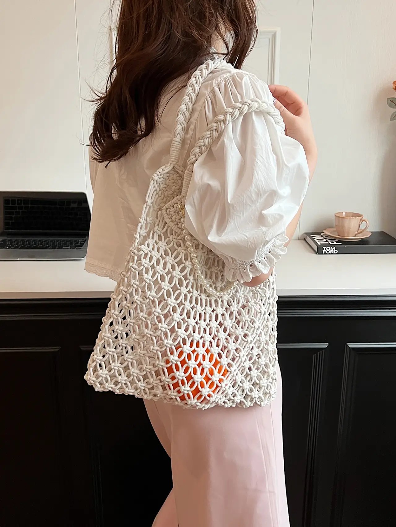 Off-White Macrame Tote Shoulder Bag