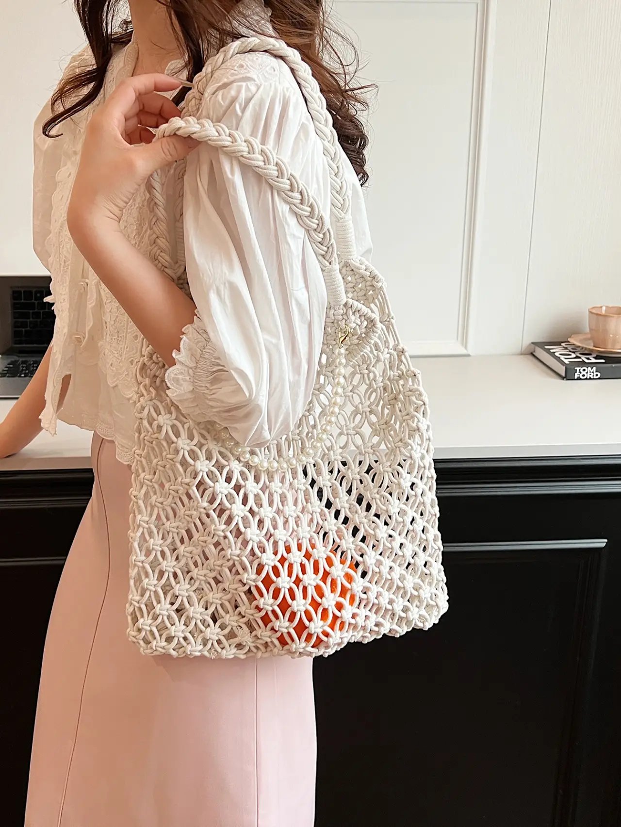 Off-White Macrame Tote Shoulder Bag