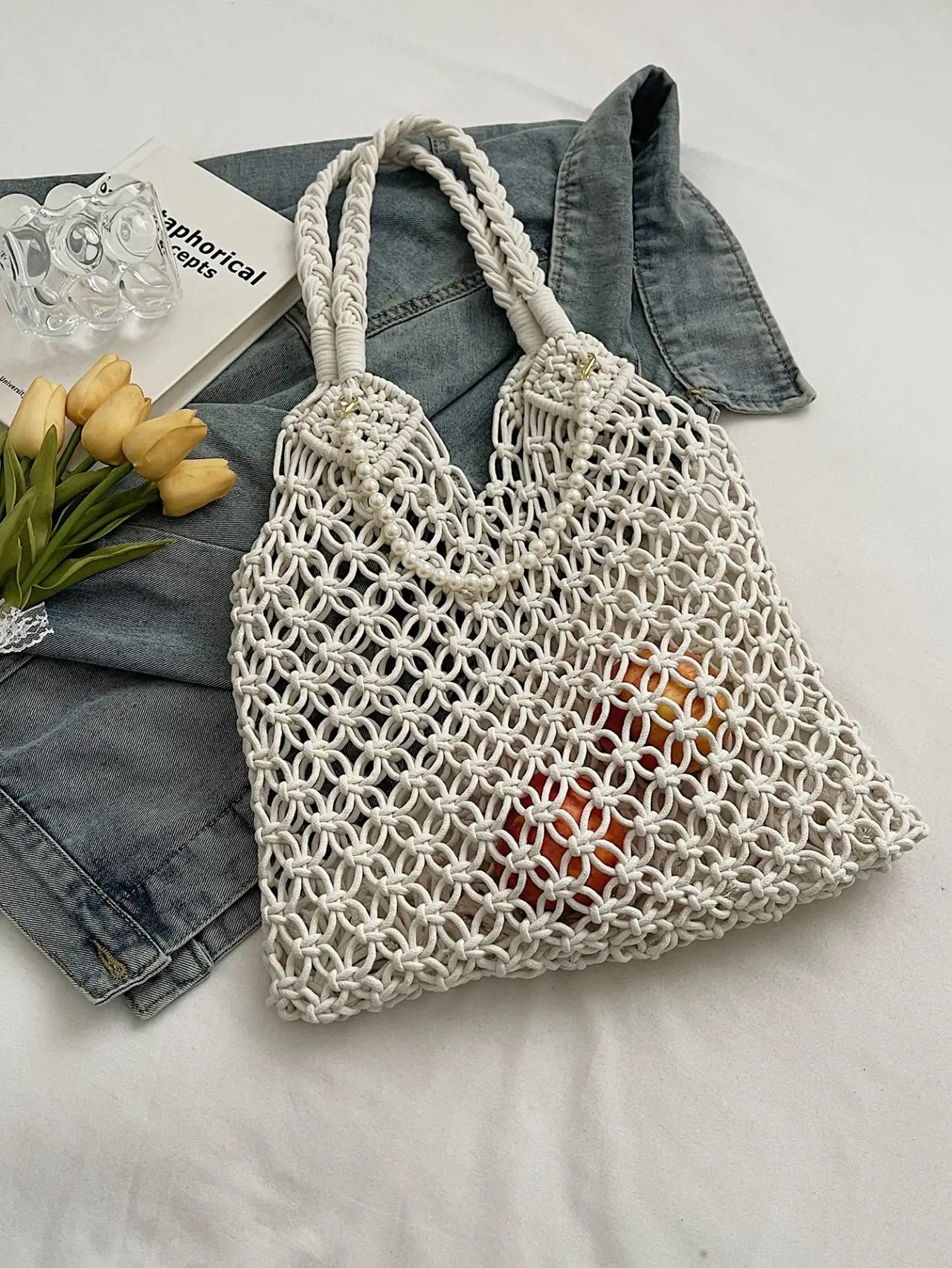 Off-White Macrame Tote Shoulder Bag