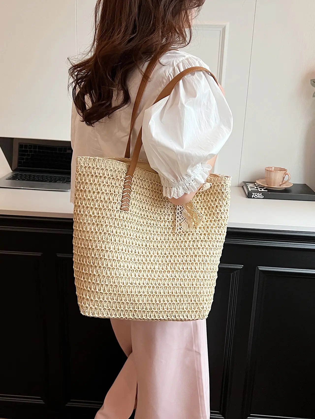 Beige Woven Straw Tote Bag with Faux Leather Straps