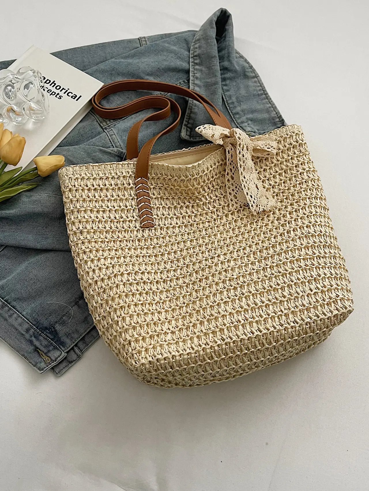 Beige Woven Straw Tote Bag with Faux Leather Straps