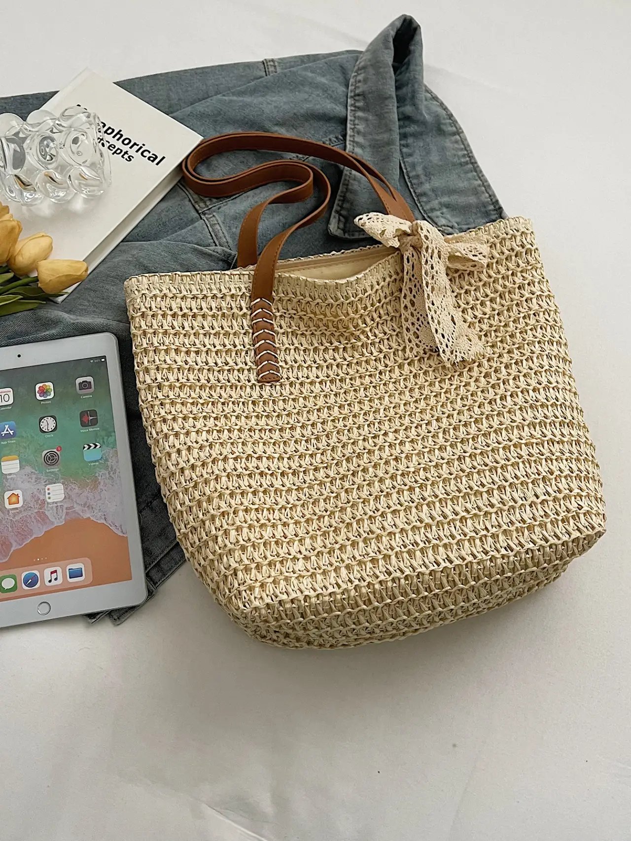 Beige Woven Straw Tote Bag with Faux Leather Straps