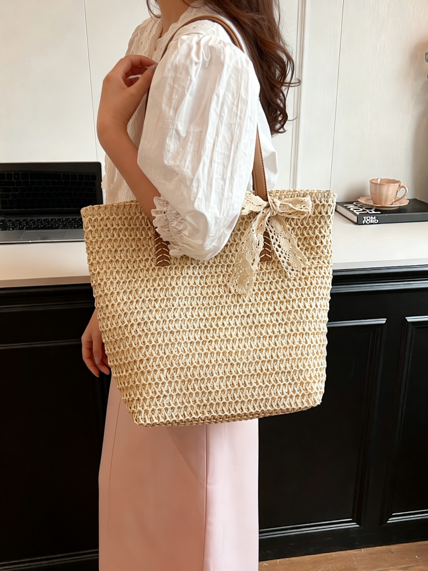 Beige Woven Straw Tote Bag with Faux Leather Straps