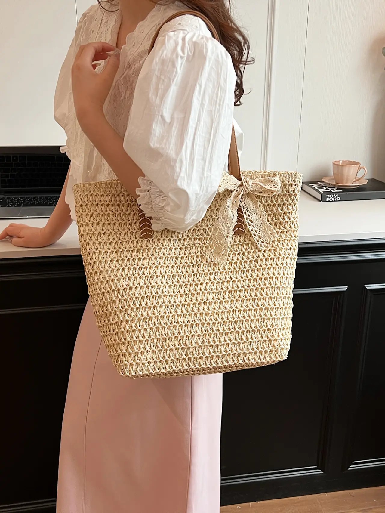 Beige Woven Straw Tote Bag with Faux Leather Straps