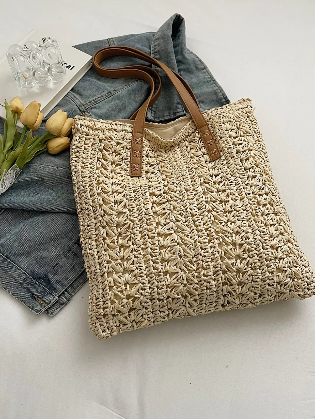 Beige Woven Straw Tote Bag with Faux Leather Straps