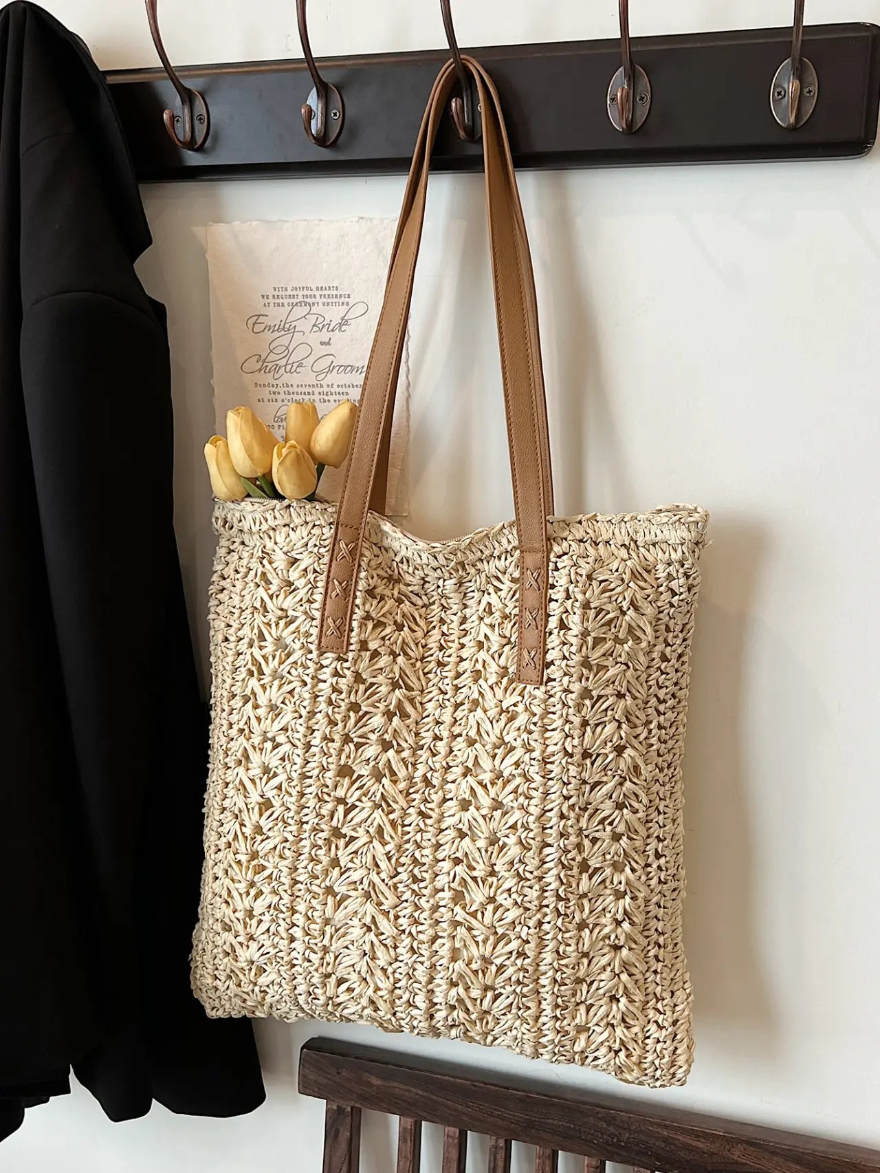 Beige Woven Straw Tote Bag with Faux Leather Straps