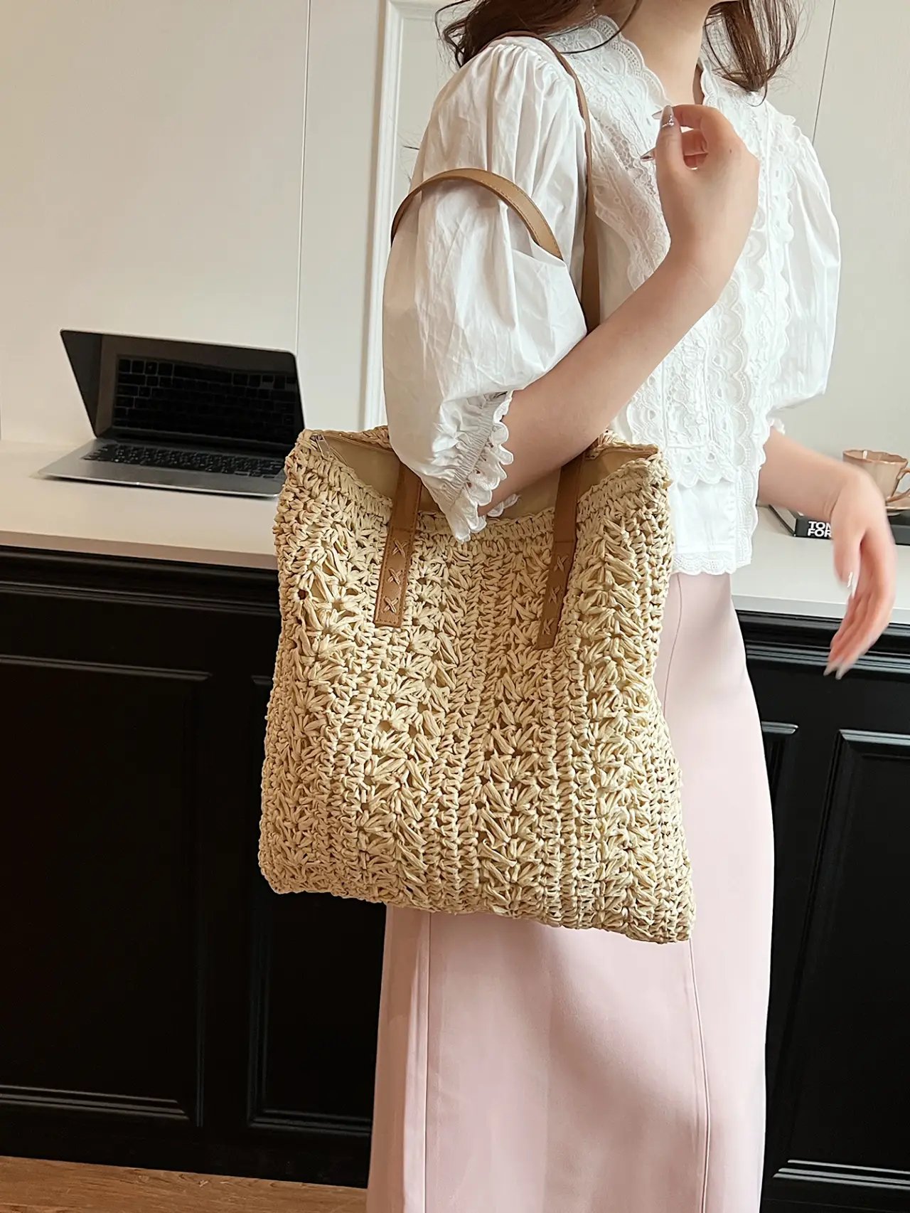 Beige Woven Straw Tote Bag with Faux Leather Straps