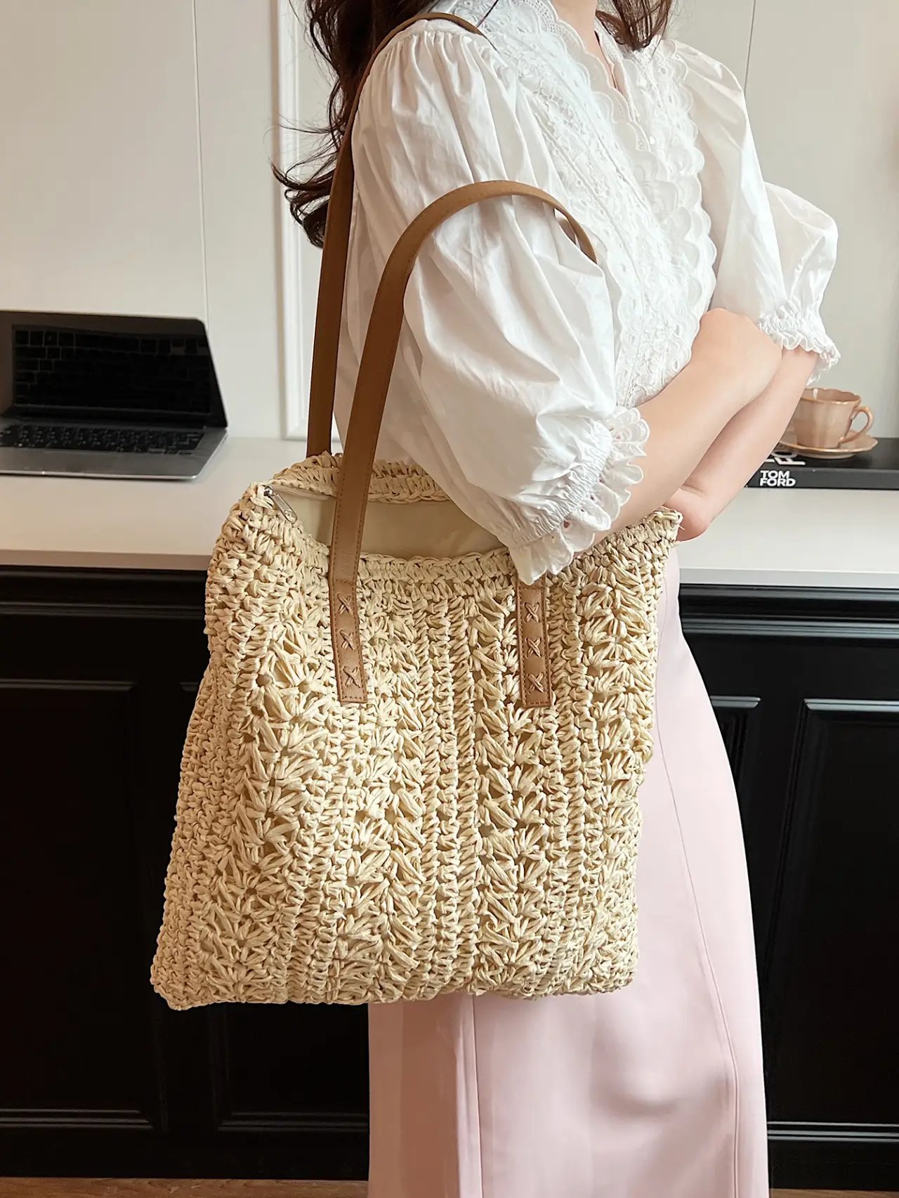 Beige Woven Straw Tote Bag with Faux Leather Straps