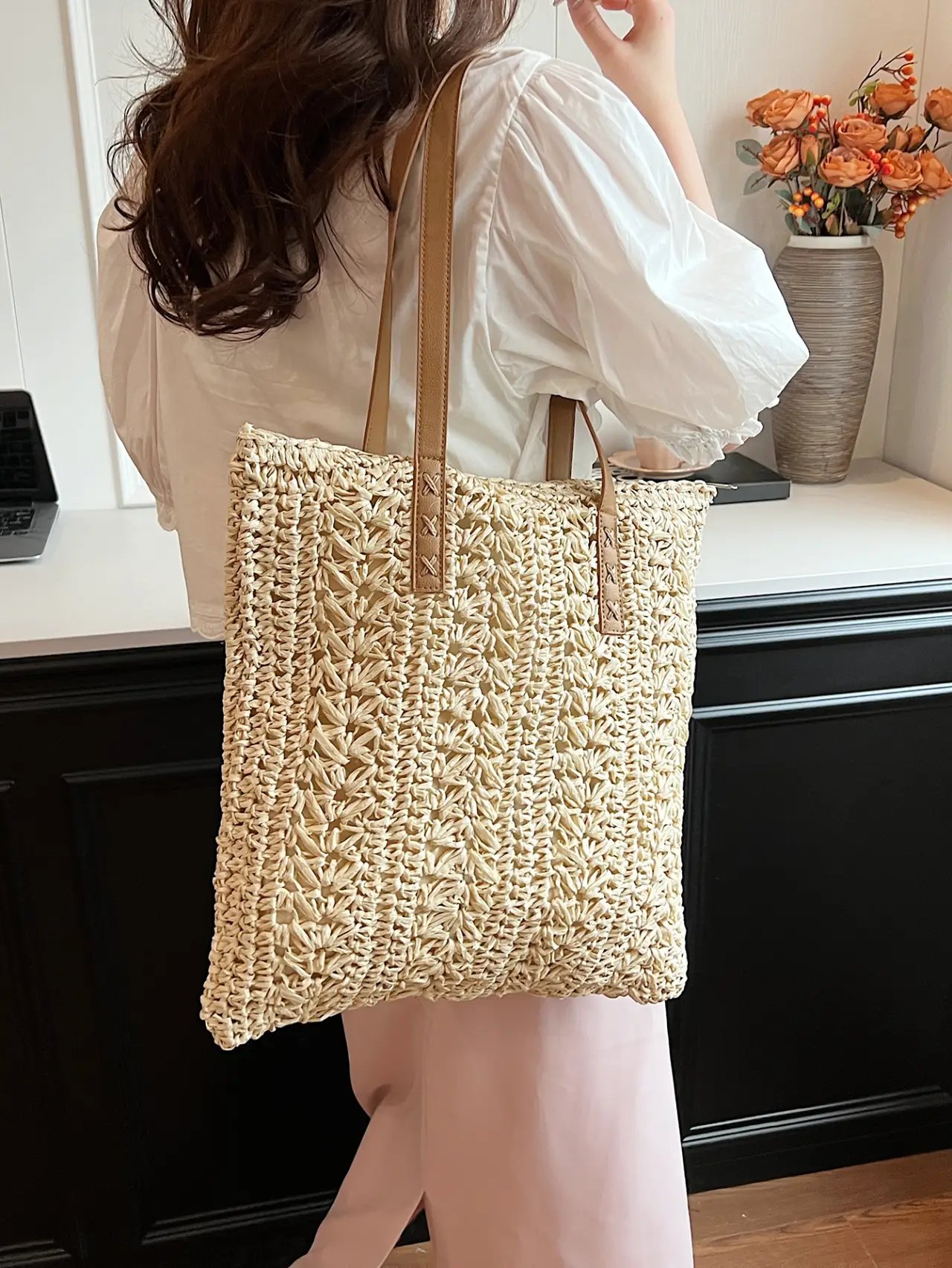 Beige Woven Straw Tote Bag with Faux Leather Straps