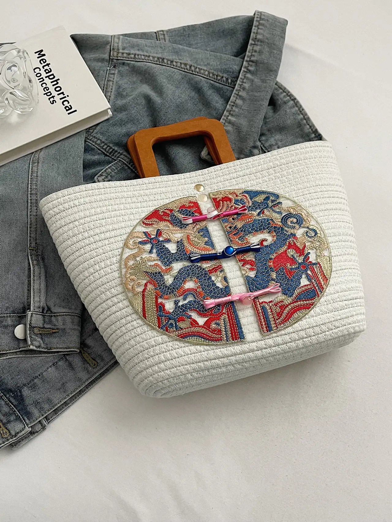 White Embroidered Dragon Handbag with Wooden Handle
