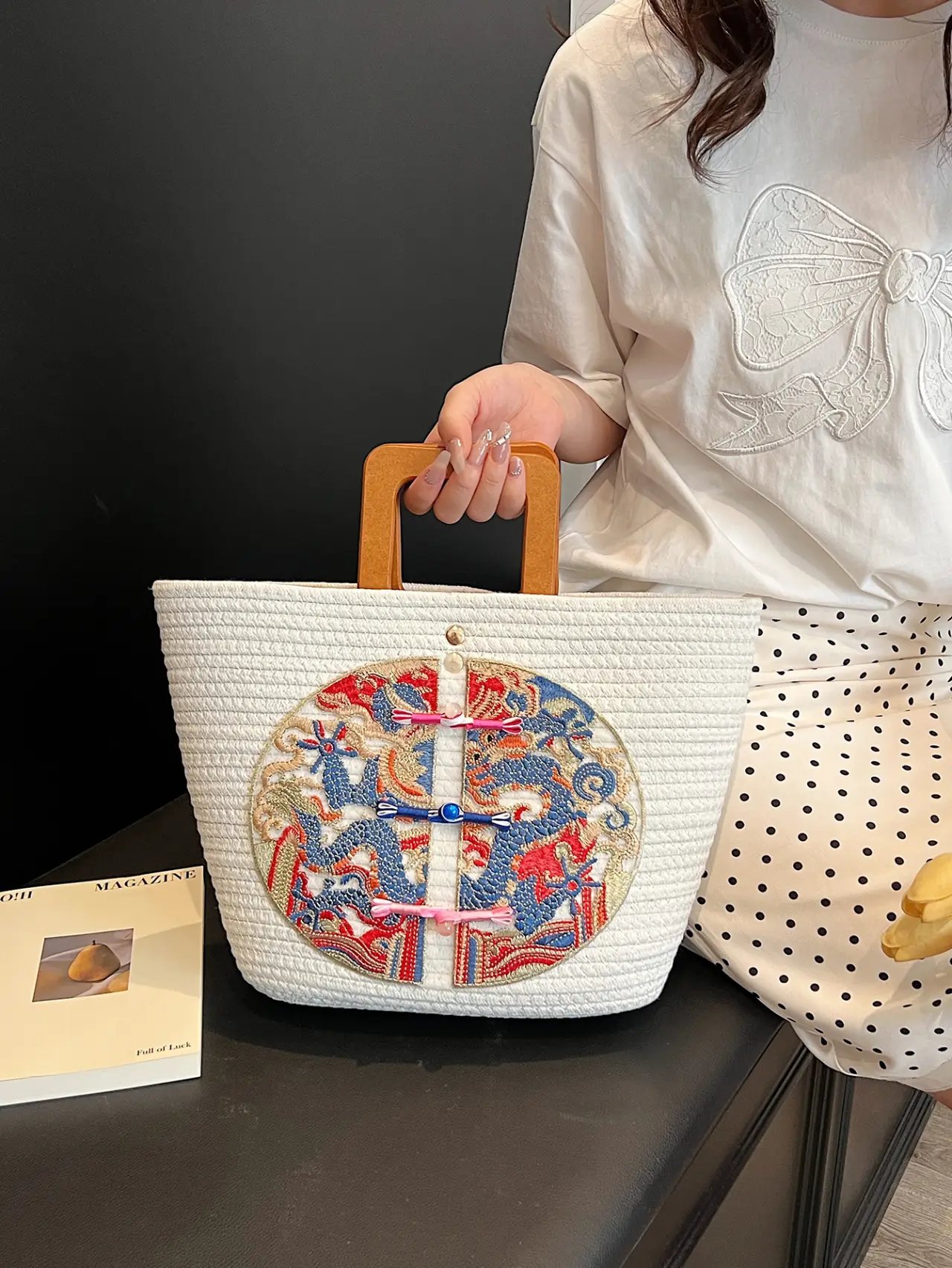 White Embroidered Dragon Handbag with Wooden Handle