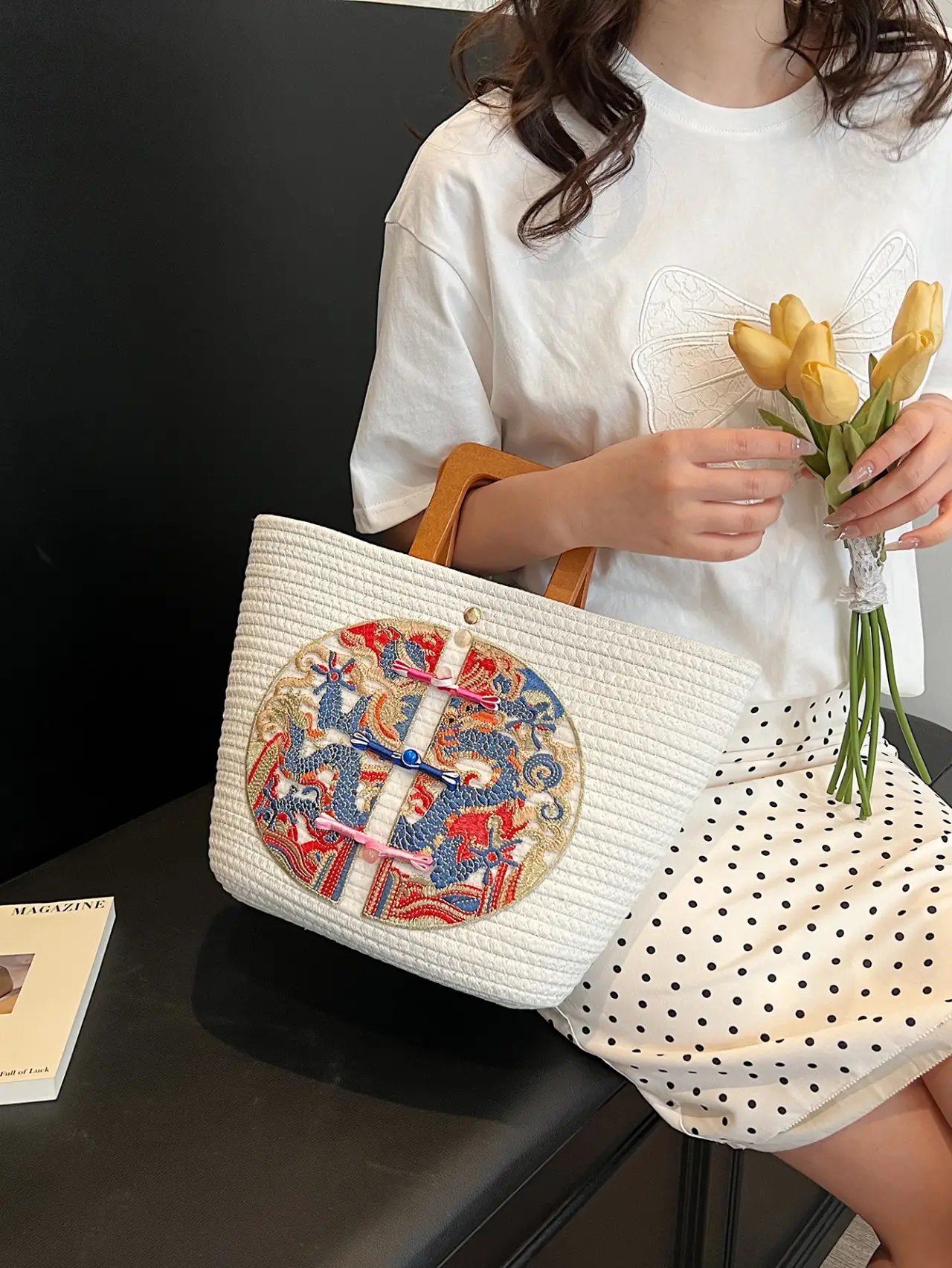 White Embroidered Dragon Handbag with Wooden Handle