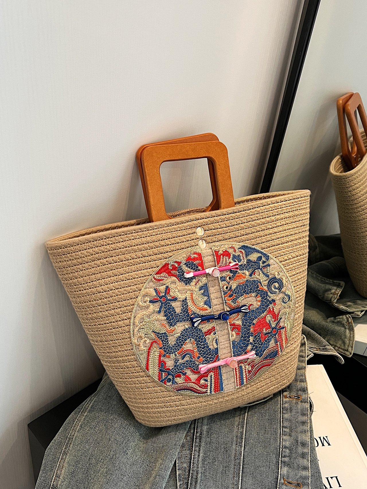 Khaki Woven Straw Tote Bag with Oriental Dragon Embroidery