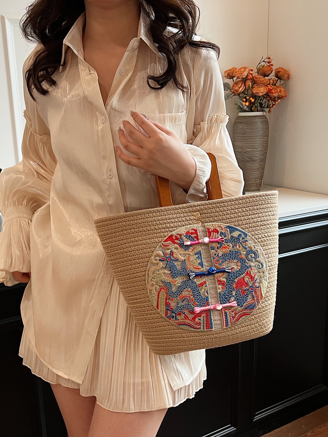 Khaki Woven Straw Tote Bag with Oriental Dragon Embroidery