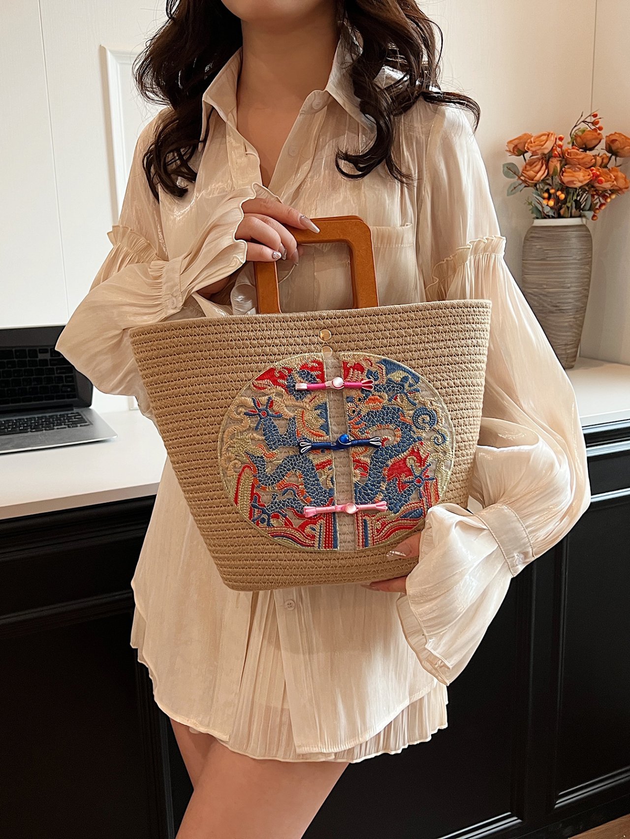 Khaki Woven Straw Tote Bag with Oriental Dragon Embroidery