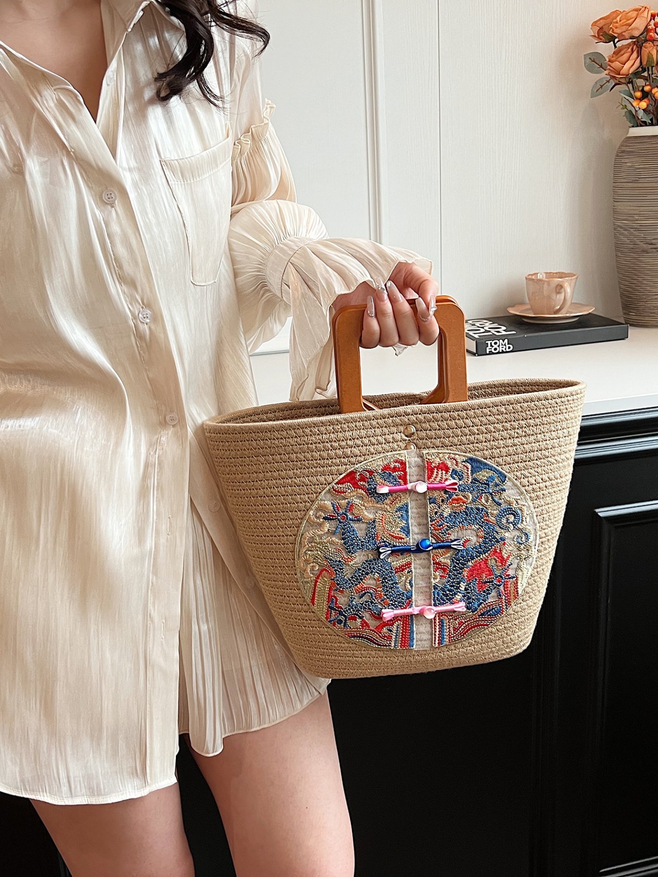 Khaki Woven Straw Tote Bag with Oriental Dragon Embroidery