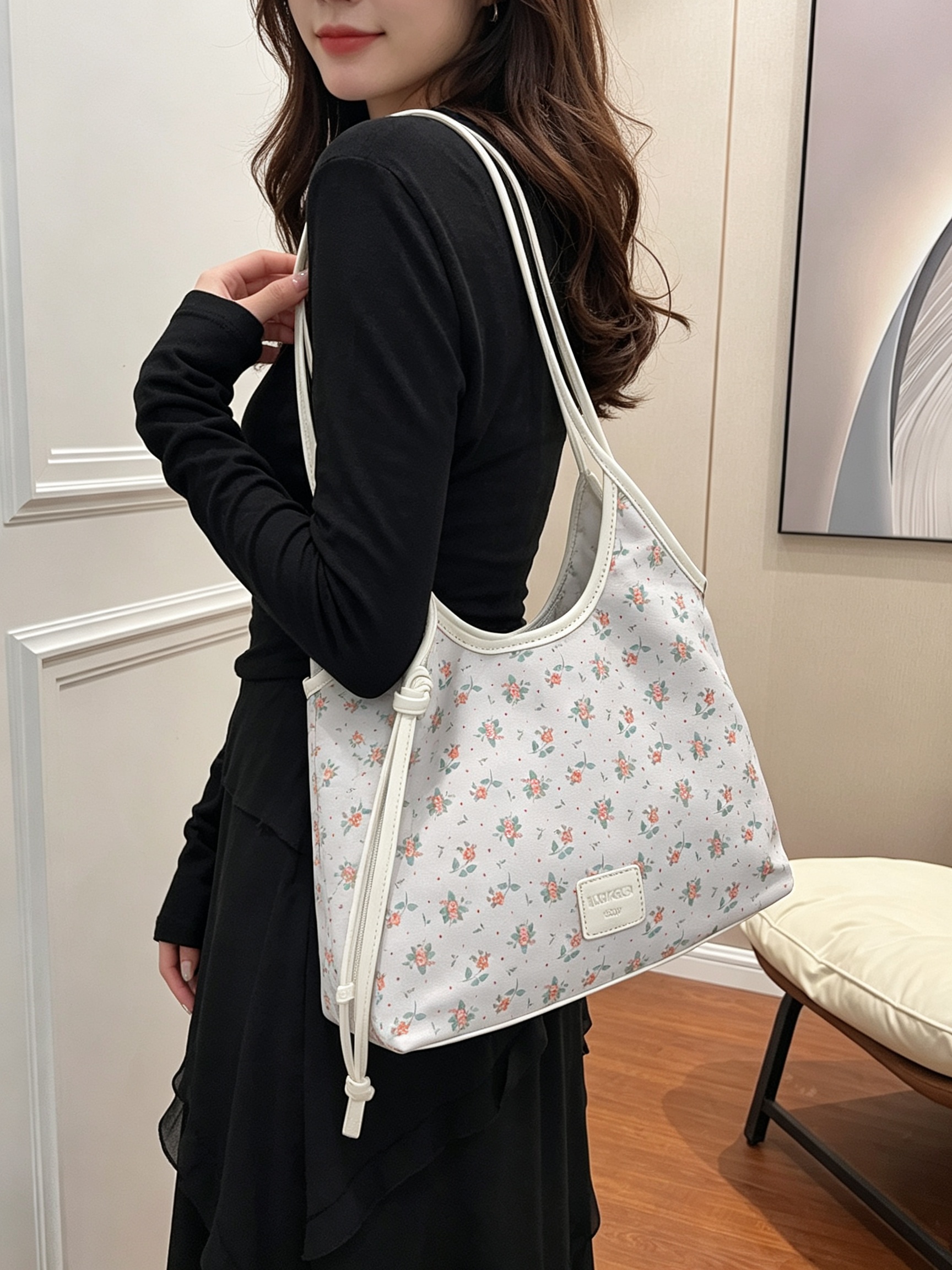Floral Print Off-White Tote Shoulder Bag