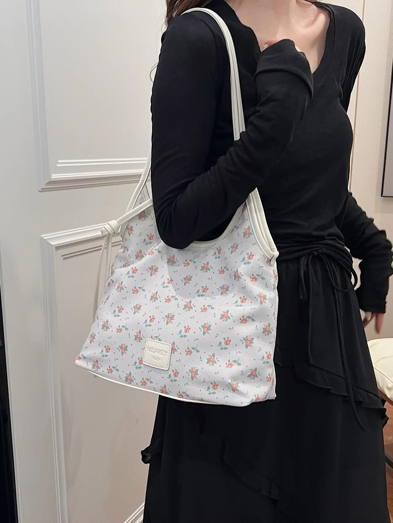 Floral Print Off-White Tote Shoulder Bag