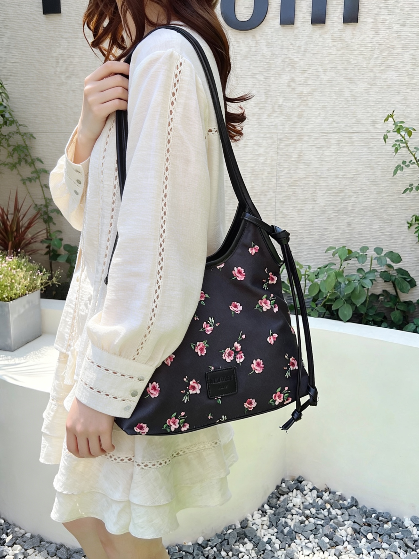 Black Floral Tote Shoulder Bag
