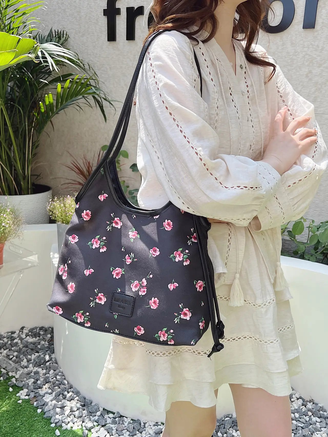 Black Floral Tote Shoulder Bag