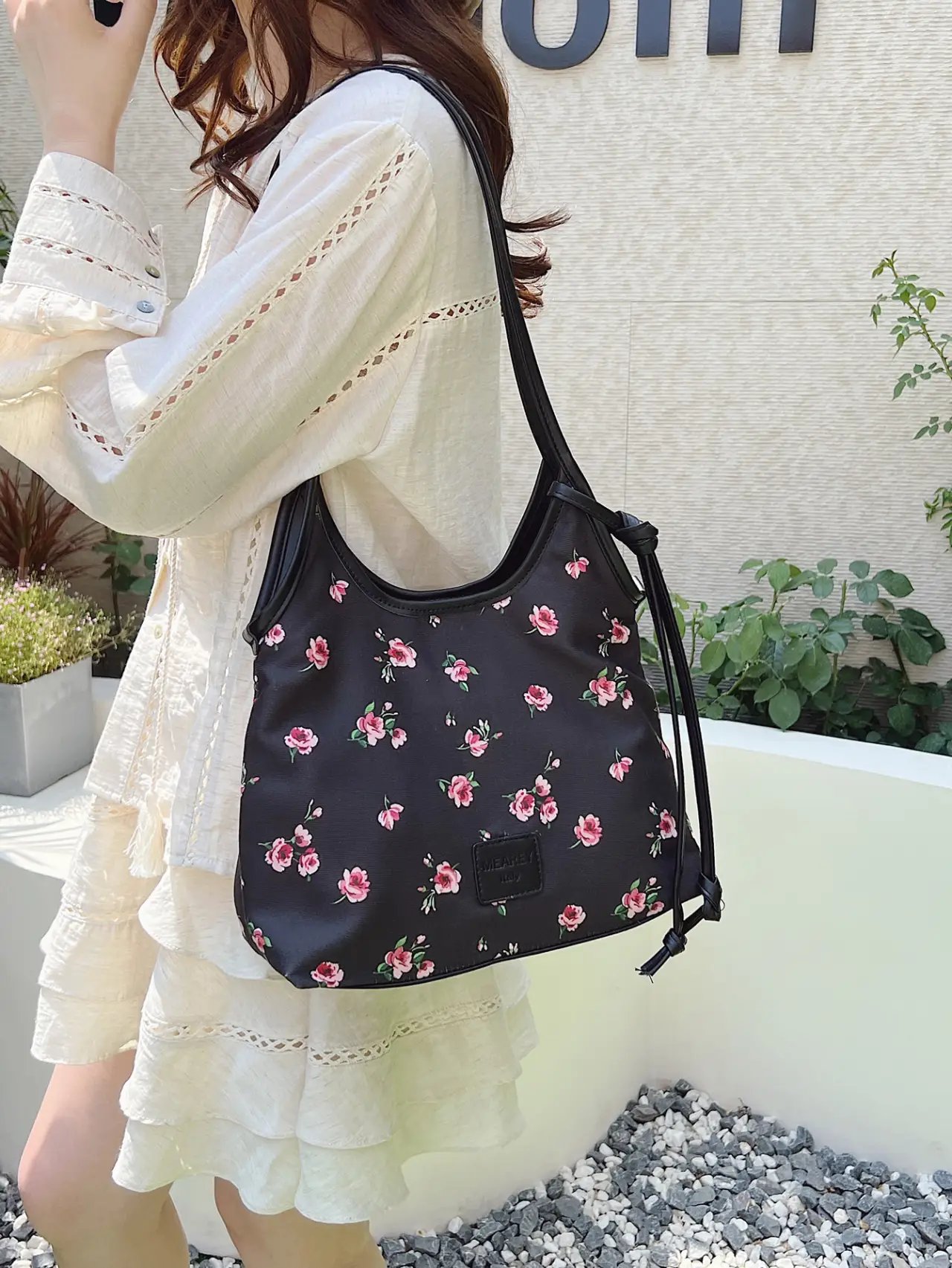Black Floral Tote Shoulder Bag