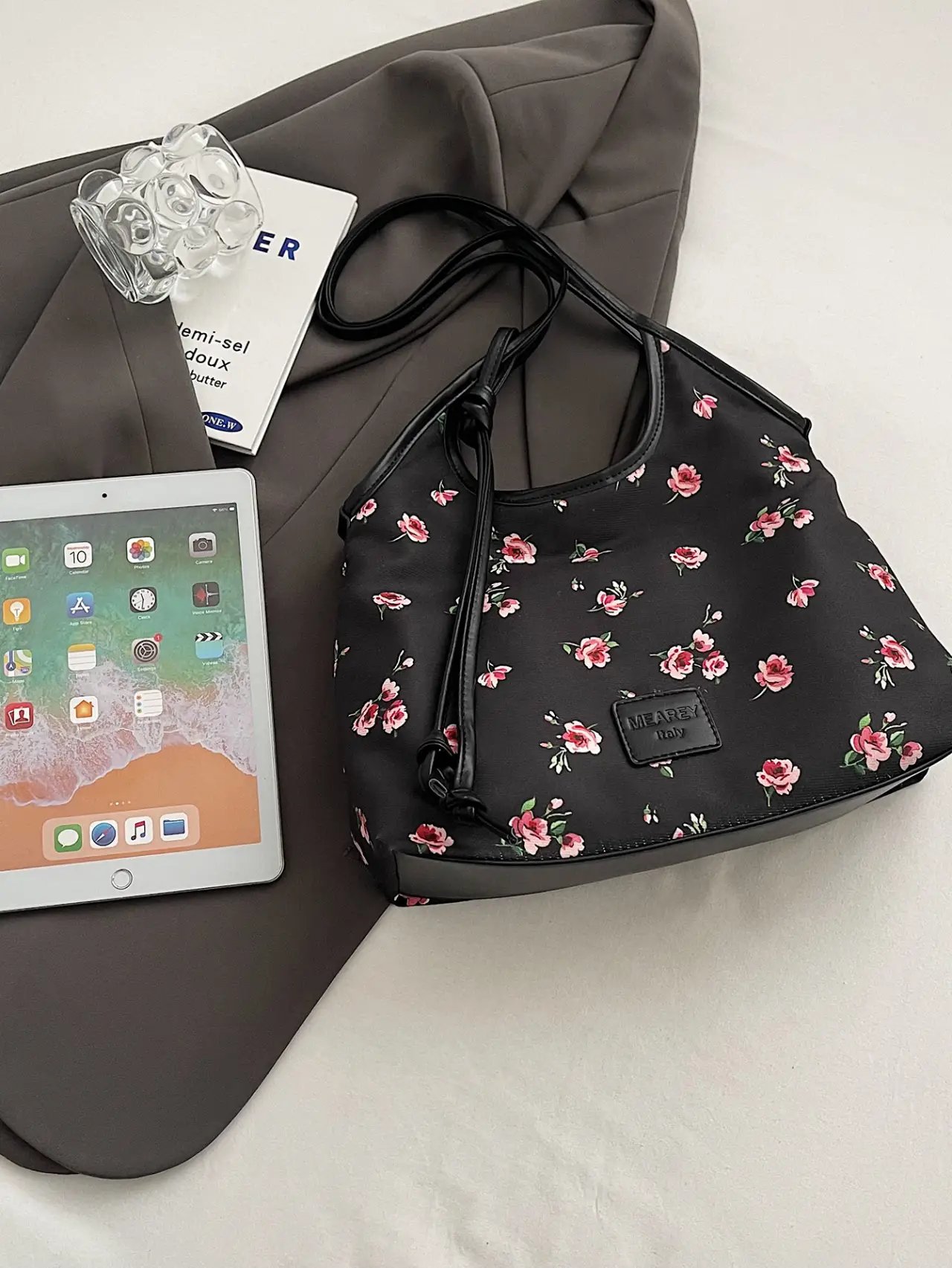 Black Floral Tote Shoulder Bag