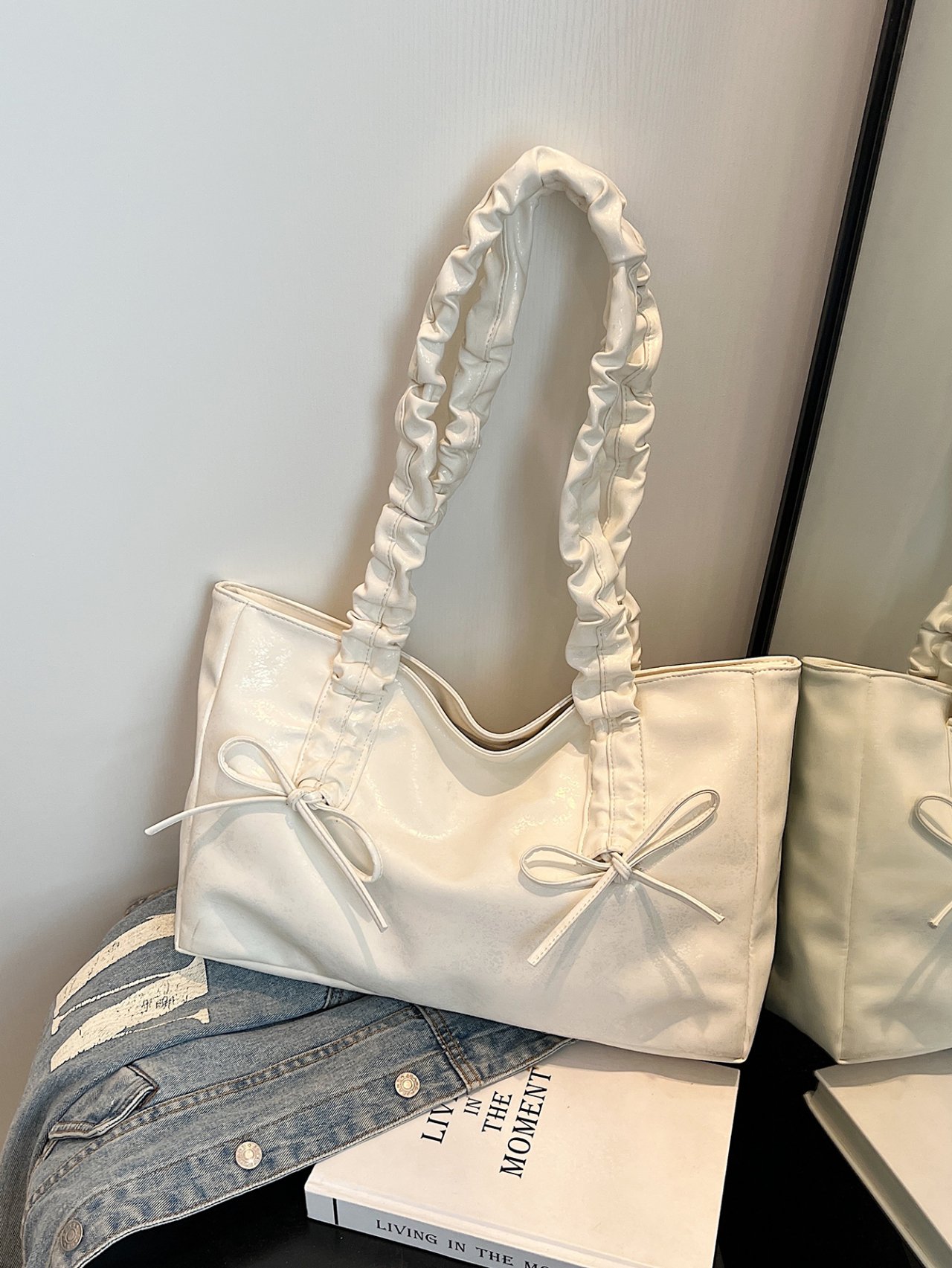 Off-White Ruched Handle Tote Bag