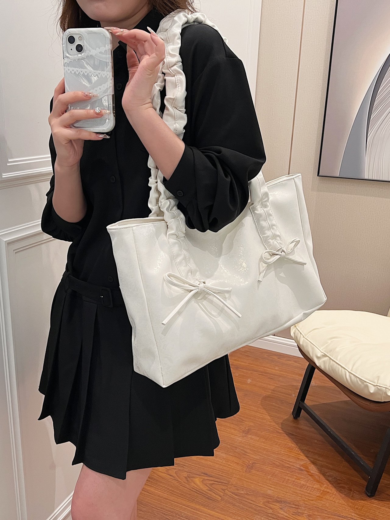 Off-White Ruched Handle Tote Bag