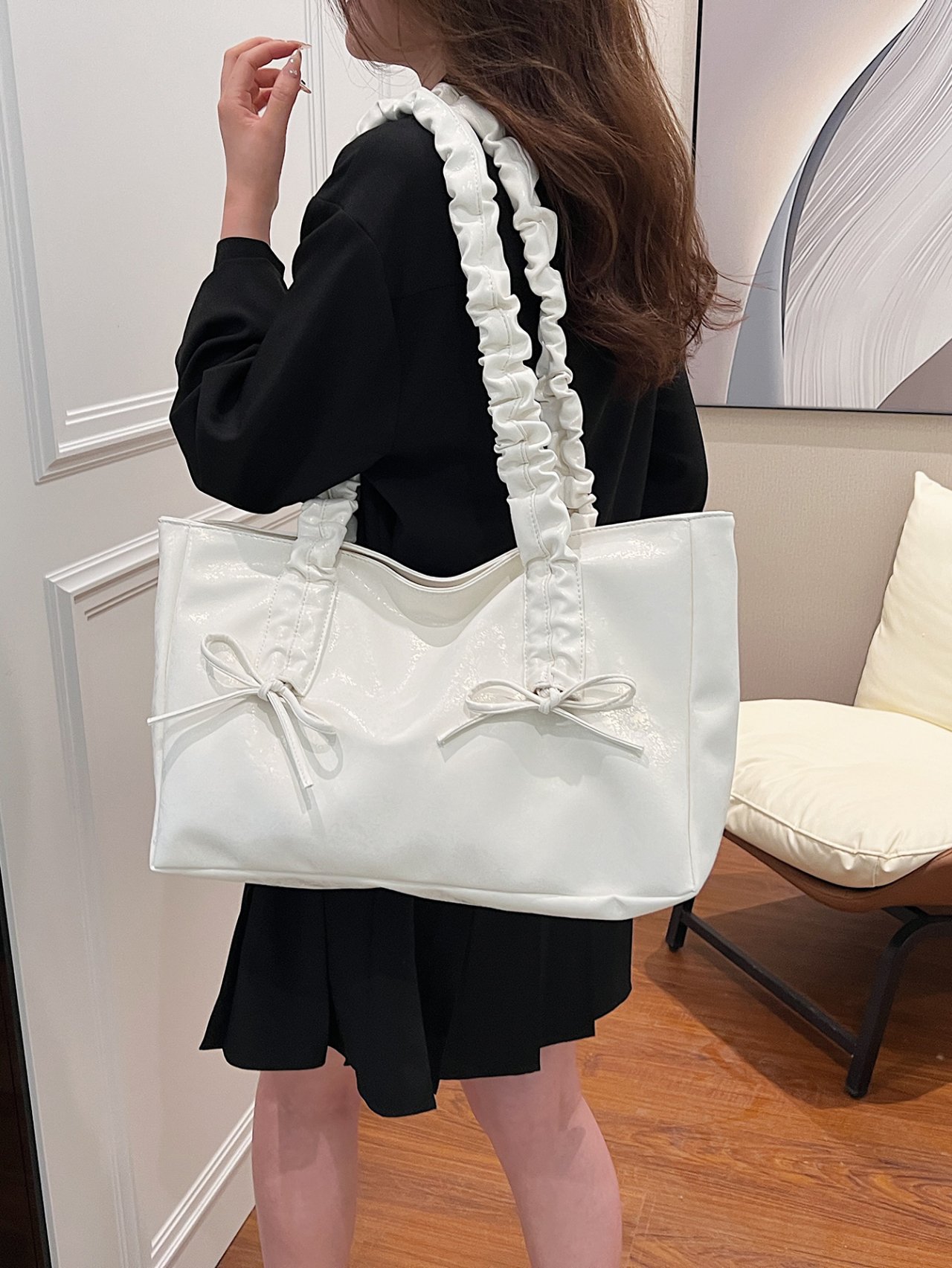 Off-White Ruched Handle Tote Bag