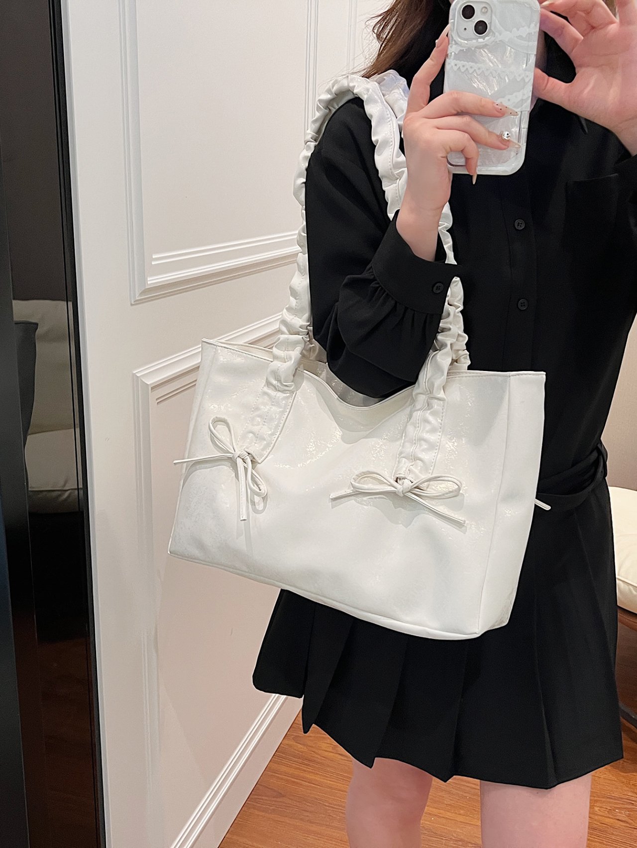 Off-White Ruched Handle Tote Bag