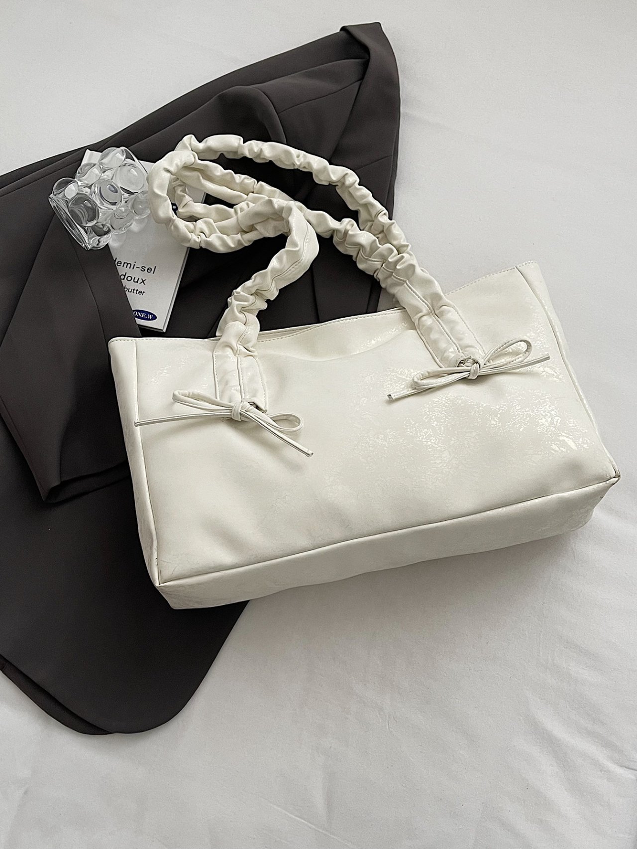 Off-White Ruched Handle Tote Bag