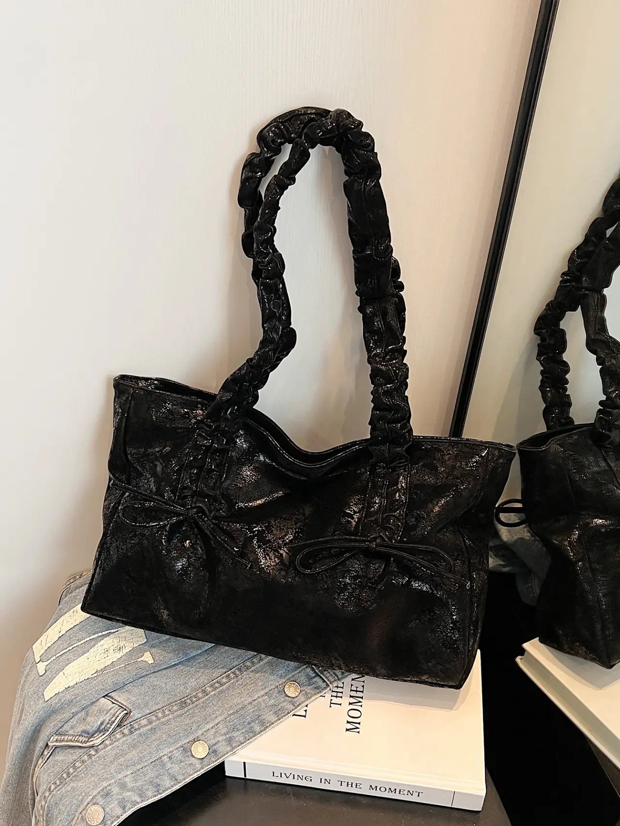 Black Ruched Handle Tote Shoulder Bag