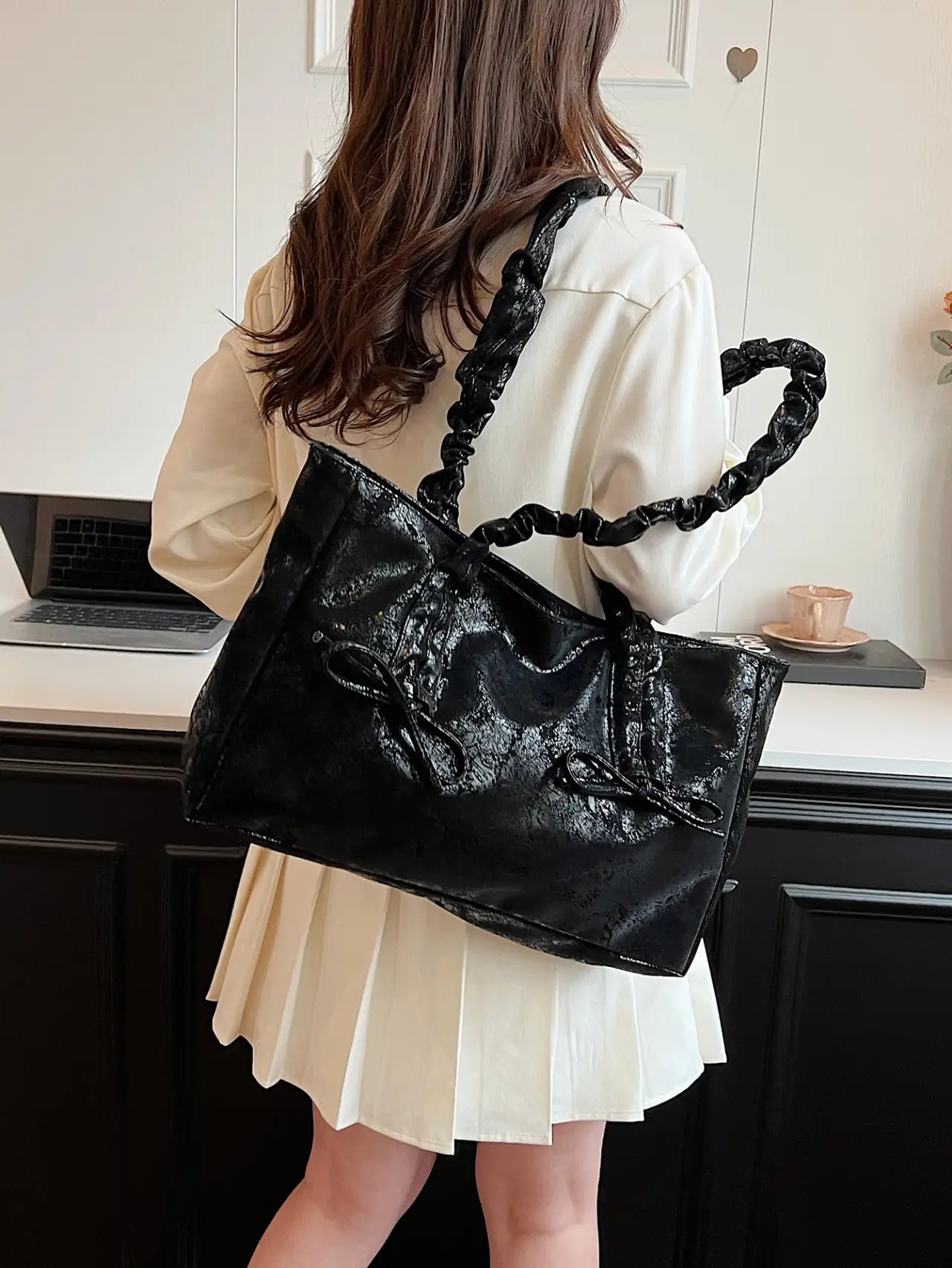 Black Ruched Handle Tote Shoulder Bag