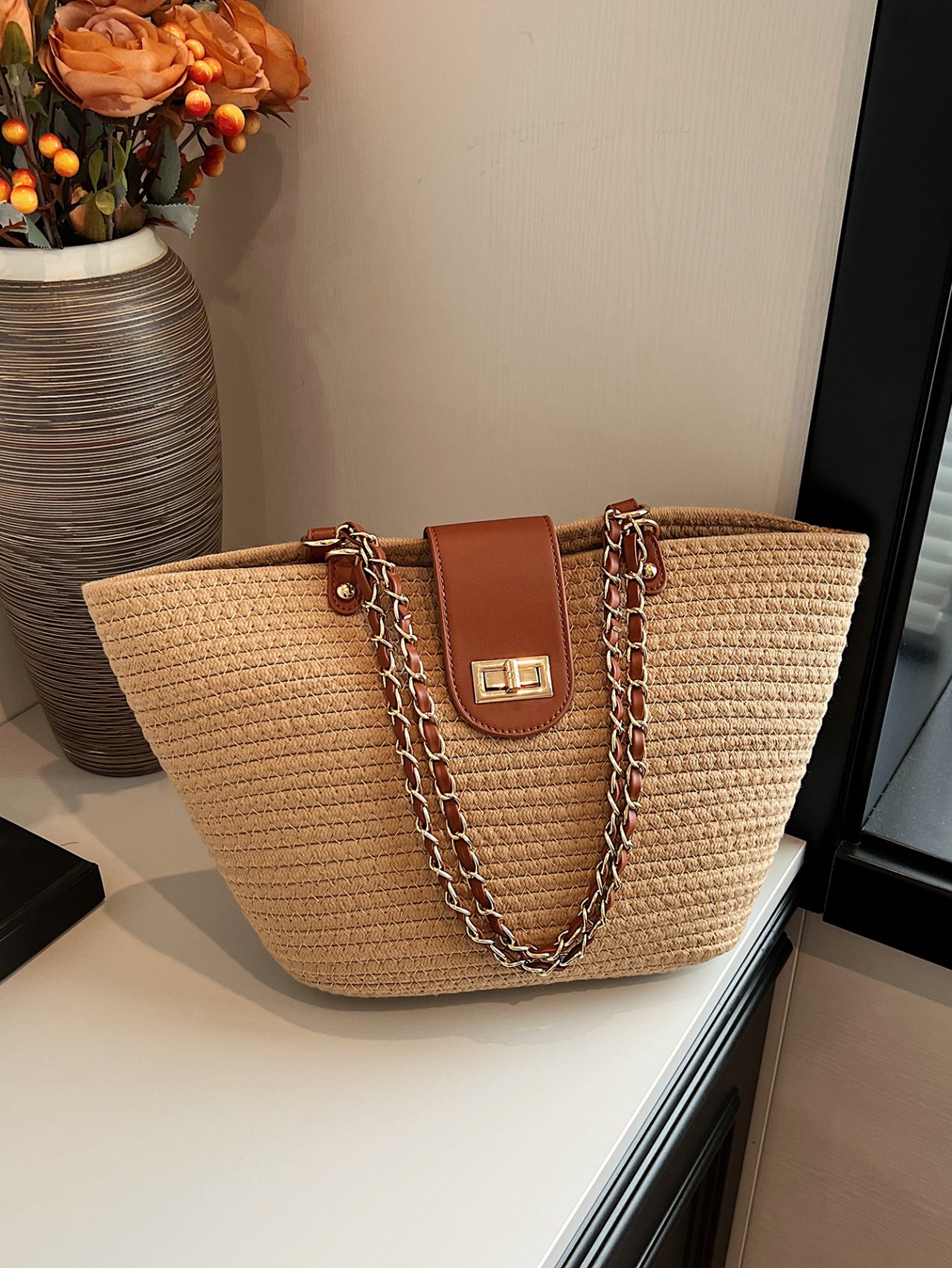 Khaki Straw Shoulder Bag with Chain Detail