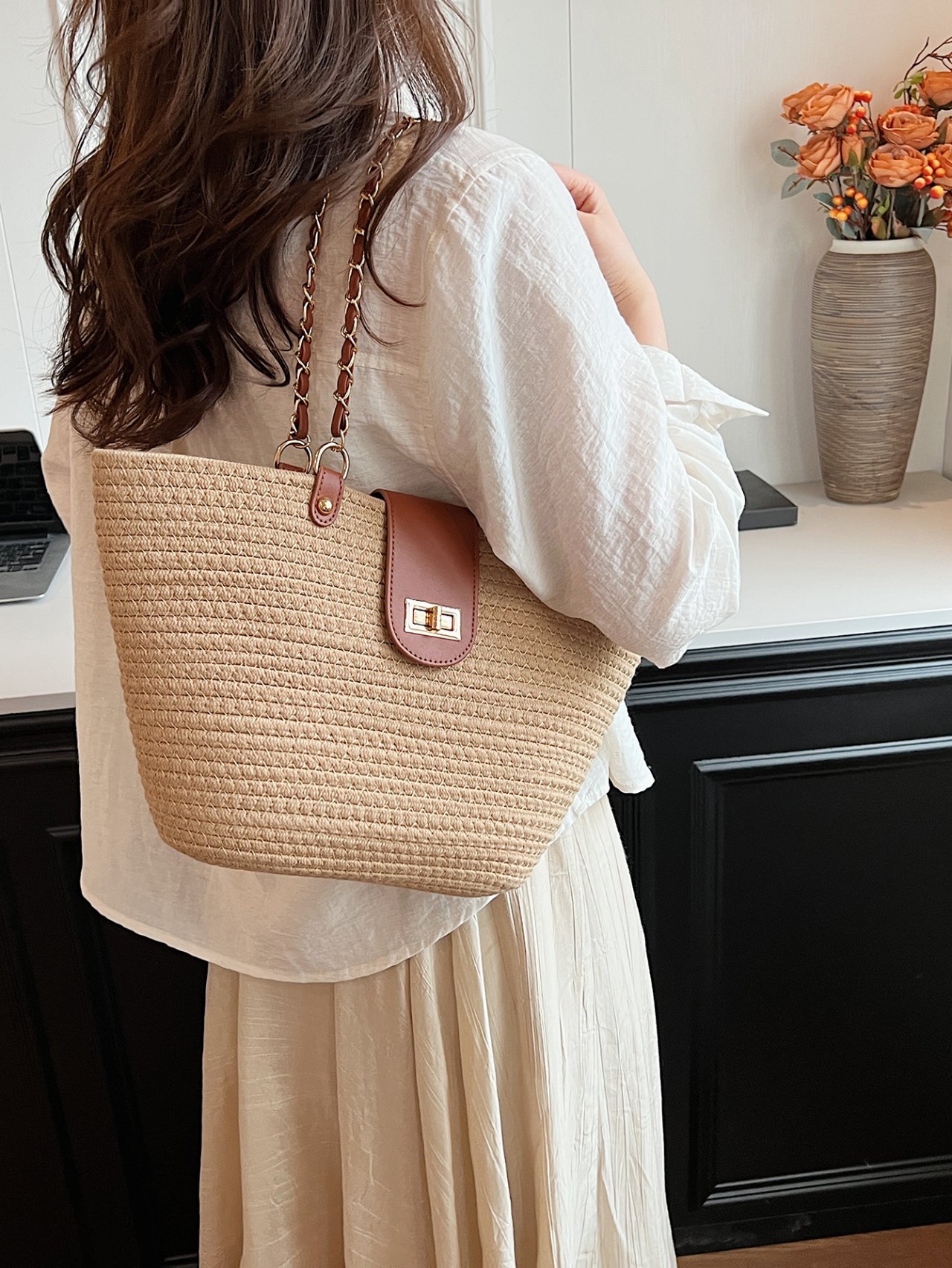 Khaki Straw Shoulder Bag with Chain Detail