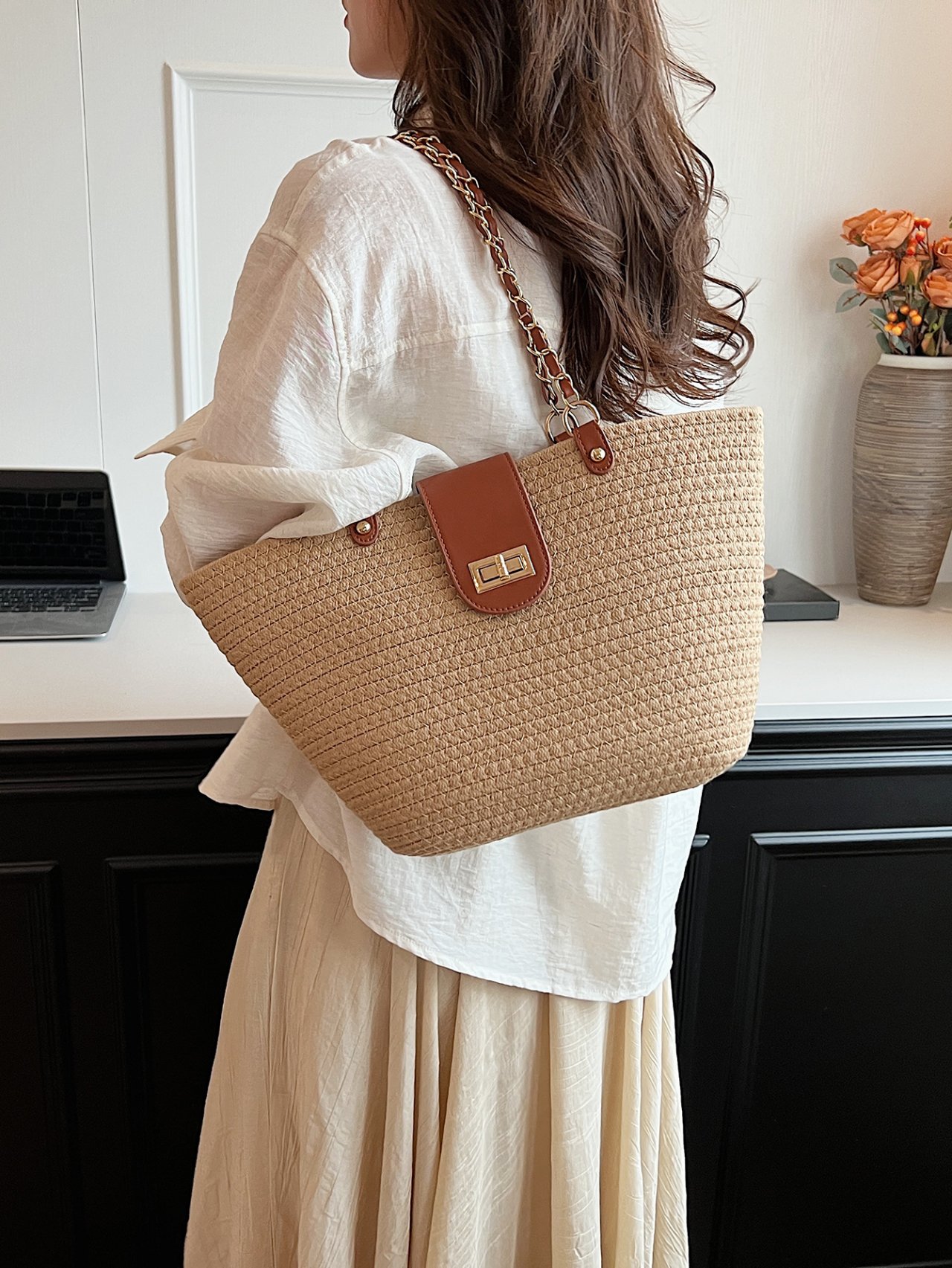 Khaki Straw Shoulder Bag with Chain Detail