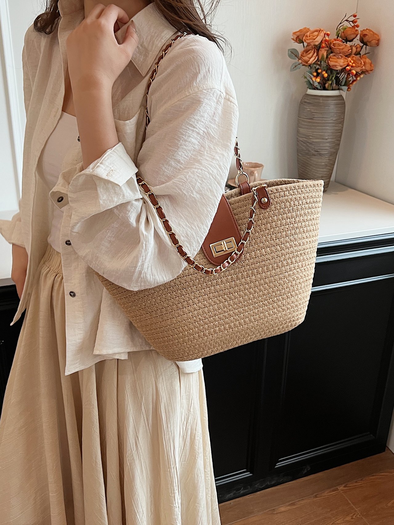 Khaki Straw Shoulder Bag with Chain Detail