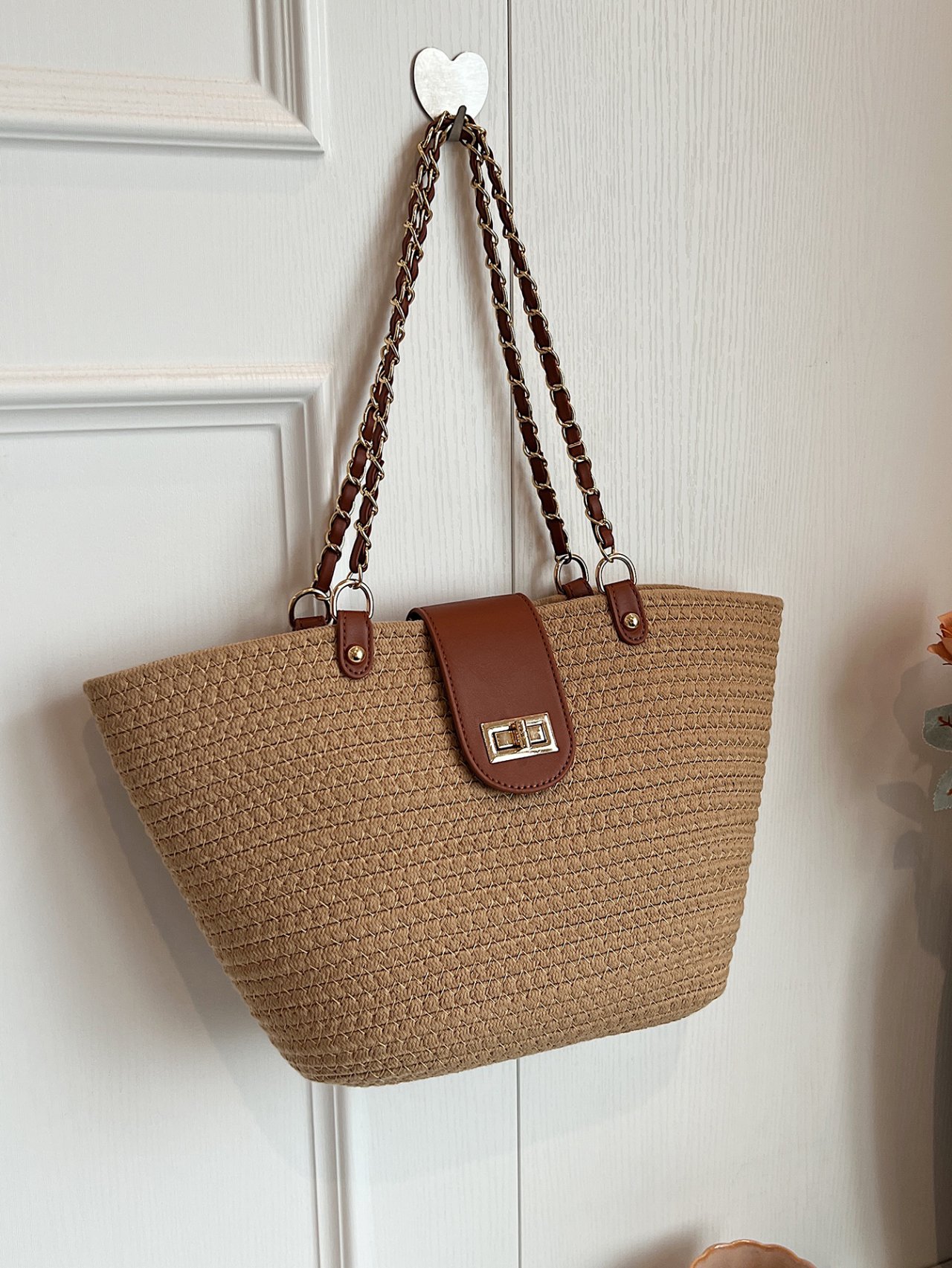 Khaki Straw Shoulder Bag with Chain Detail