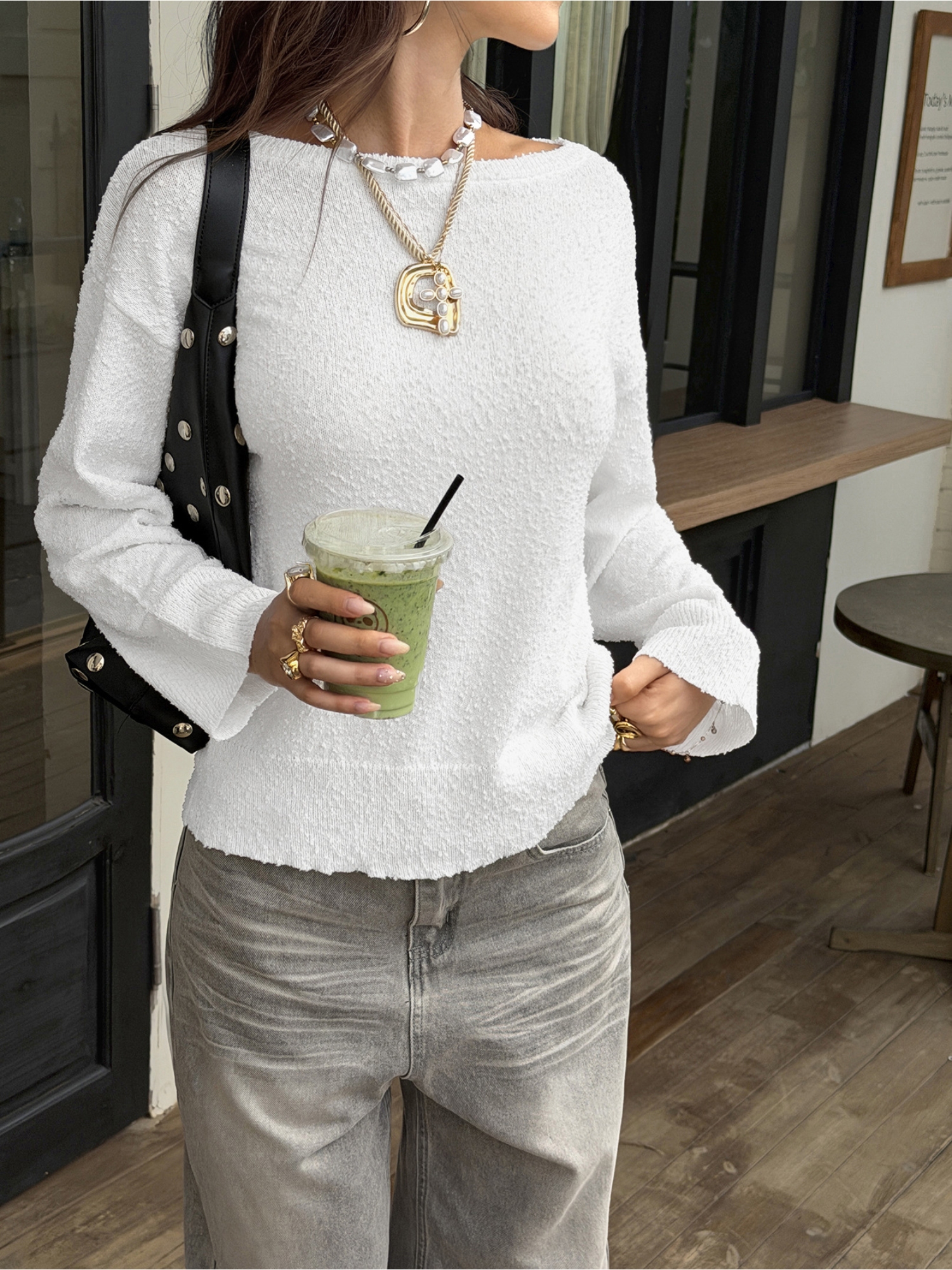 White Solid Textured Knit Boat Neck Top