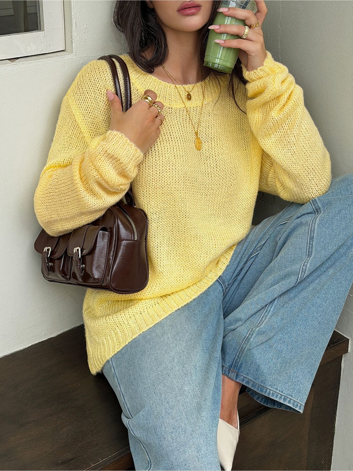Yellow Solid Long Sleeves Knit Sweater