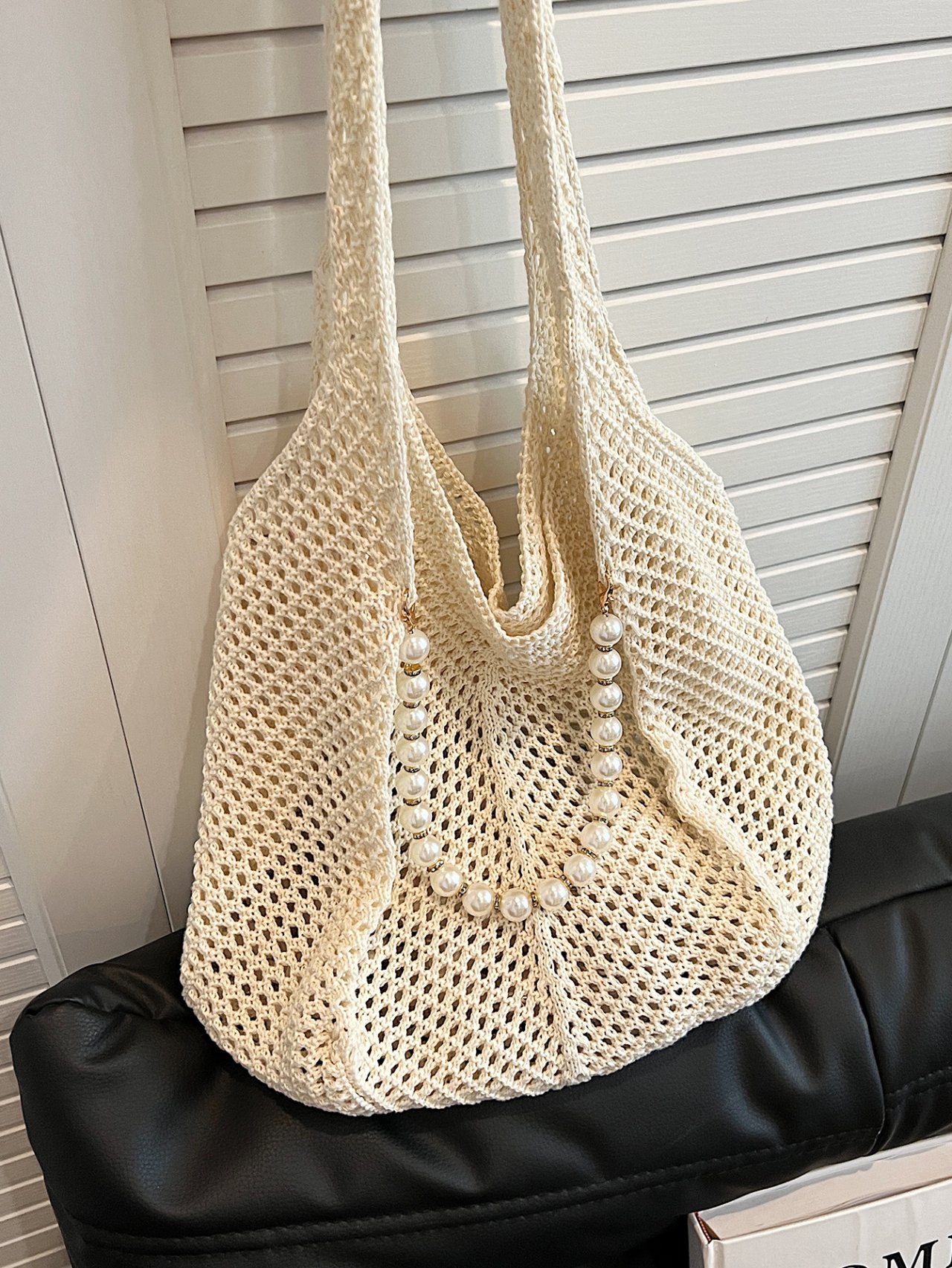 Off-White Crochet Shoulder Bag with Pearl Detail