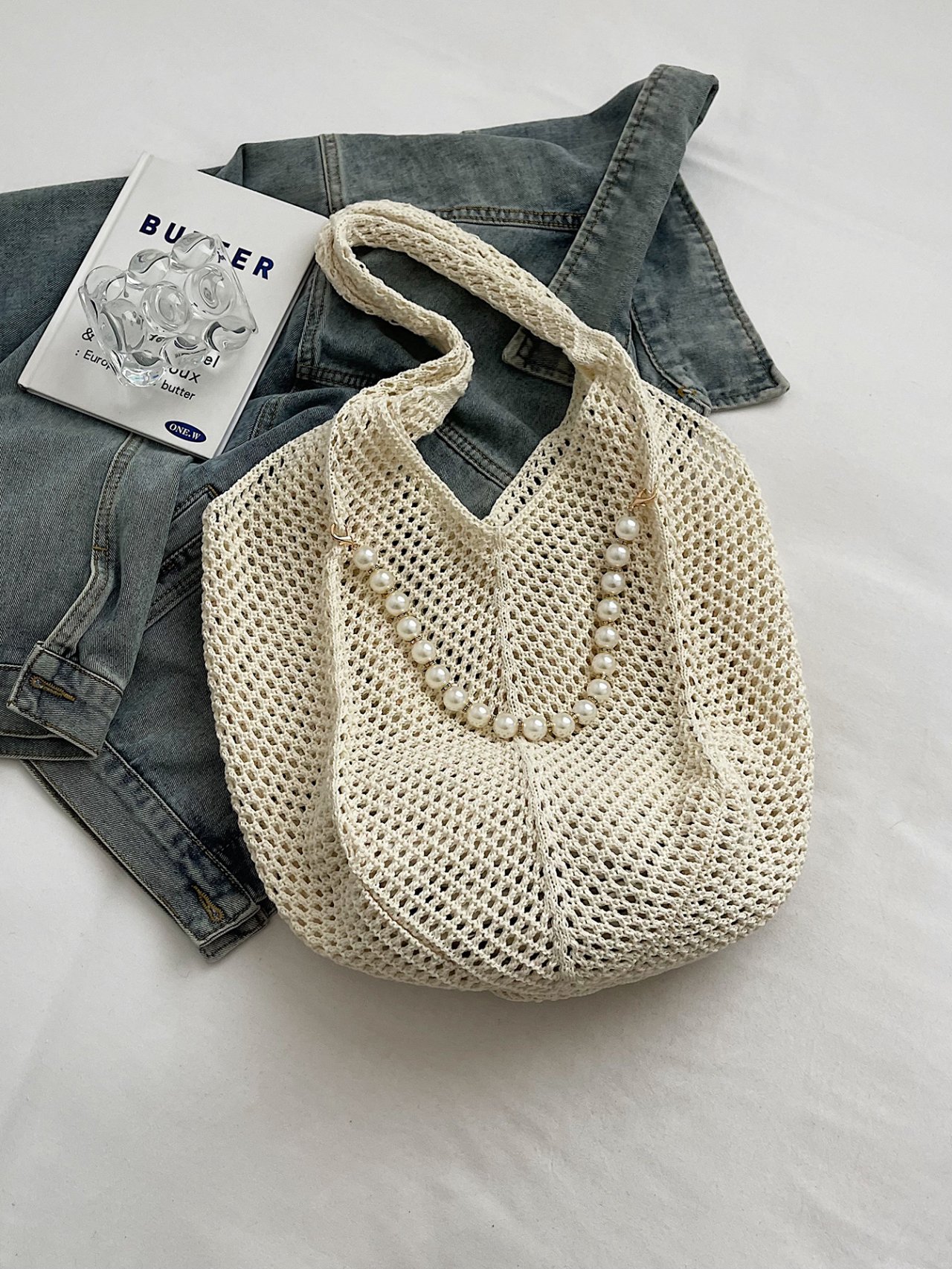 Off-White Crochet Shoulder Bag with Pearl Detail