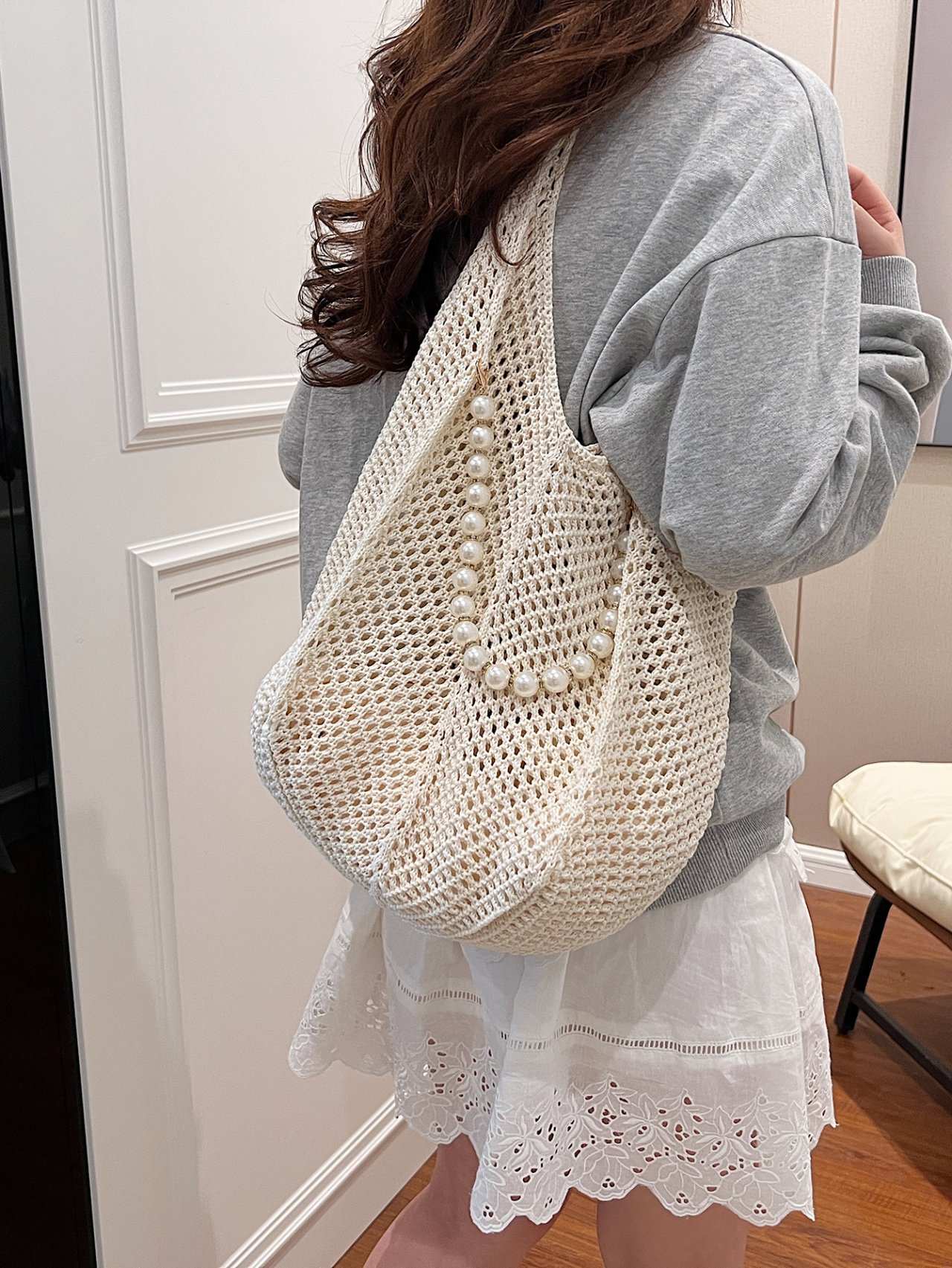Off-White Crochet Shoulder Bag with Pearl Detail