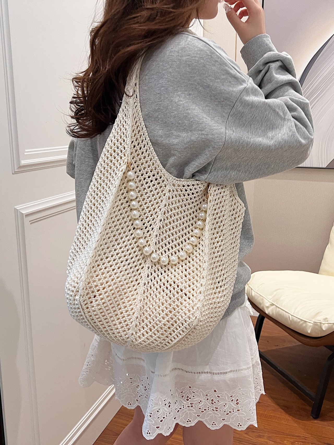 Off-White Crochet Shoulder Bag with Pearl Detail
