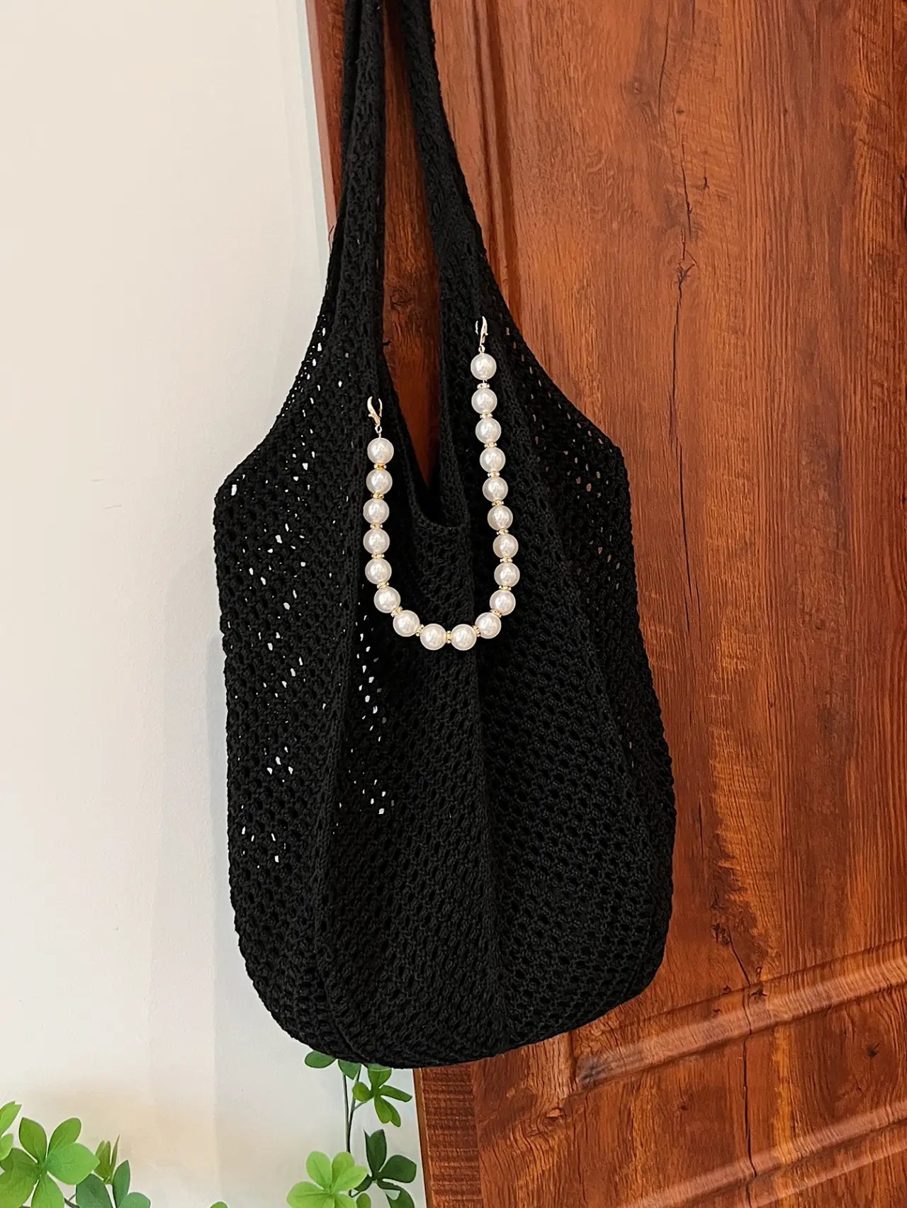 Black Crochet Shoulder Bag with Pearl Chain
